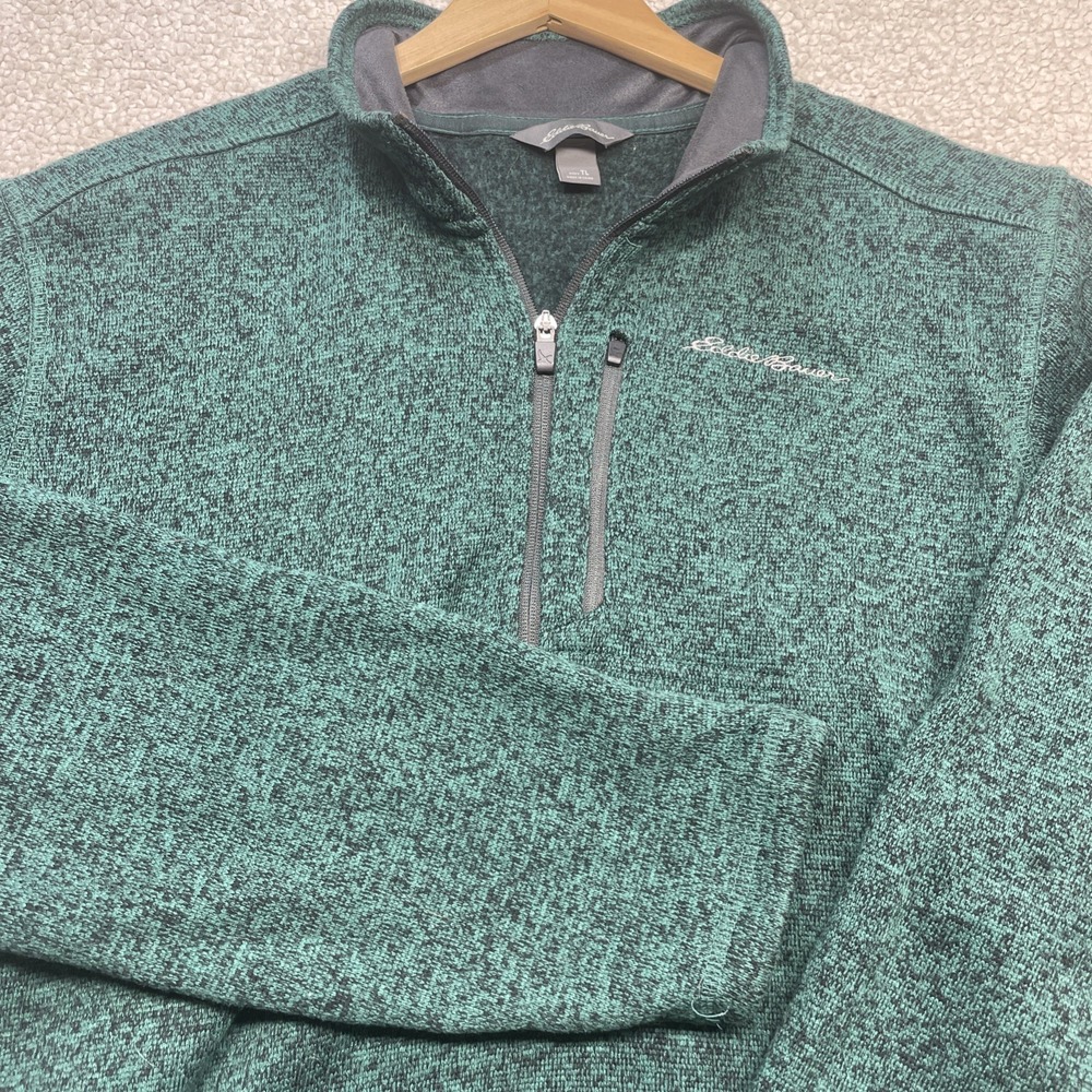 Eddie Bauer Pullover Mens LT Green Heather 1/4 Zip Fleece Sweater Pocket 0560